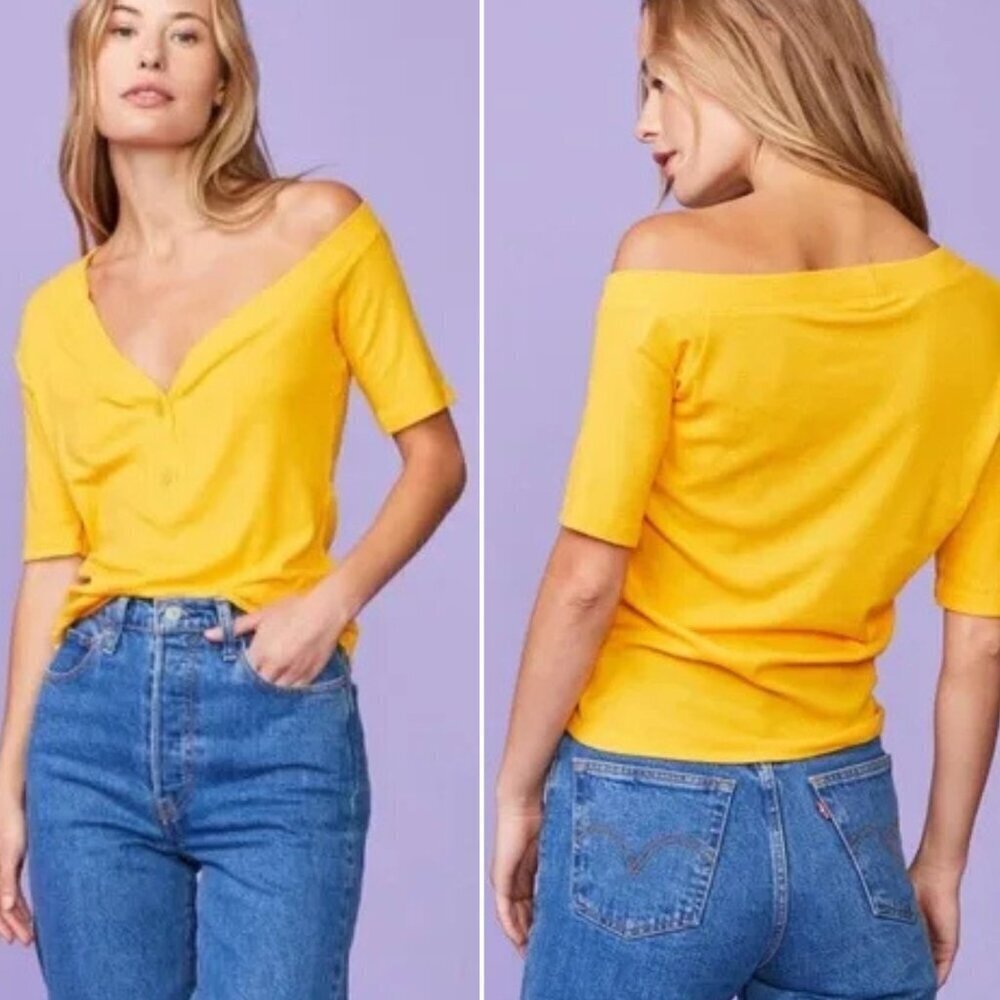 New! Monrow Marigold Rib Knit Off Shoulder Henley Top NWT - 35567